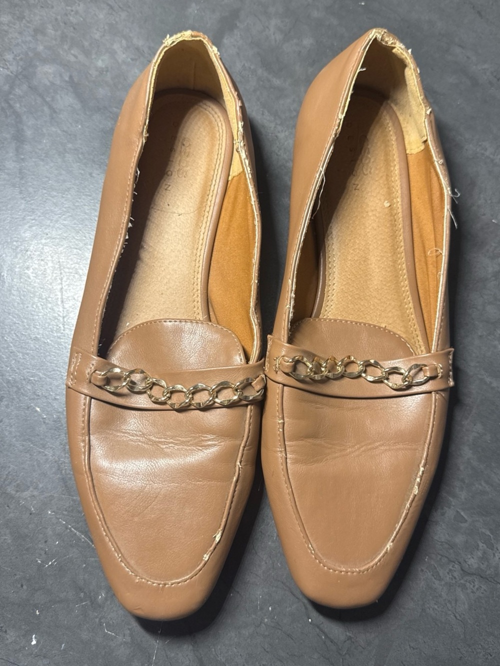 ASOS Design Tan Brown leather loafers with gold chain detail
US Size 11